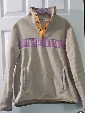 cotopaxi Beige Fleece Pullover with Purple Chest Band and Yellow Snap Placket